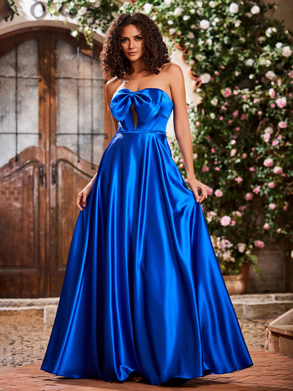 Elegant A-Line Bow Corset Strapless Floor-Length Prom Dresses - QIAIWAN Dress