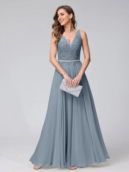 QIAIWAN Dress chiffon V-neck sleeveless lace applique bridesmaid dress