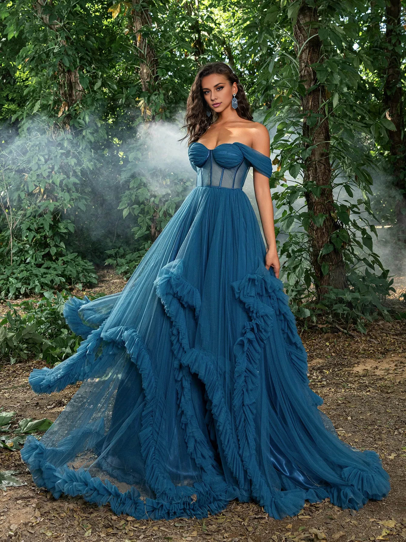 QIAIWAN's gorgeous transparent tight fitting ruffled chiffon ball gown