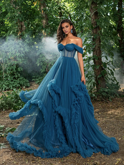 QIAIWAN's gorgeous transparent tight fitting ruffled chiffon ball gown