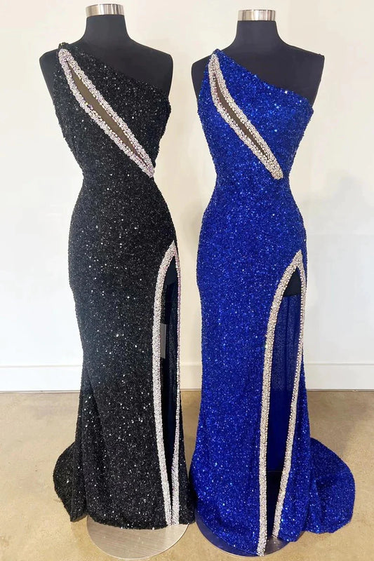 One-Shoulder Sequin Rhinestone Keyhole Long Dress with Slit