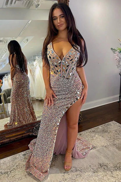 Blush Sequins V Neck Mermaid Prom Dresses with Slit