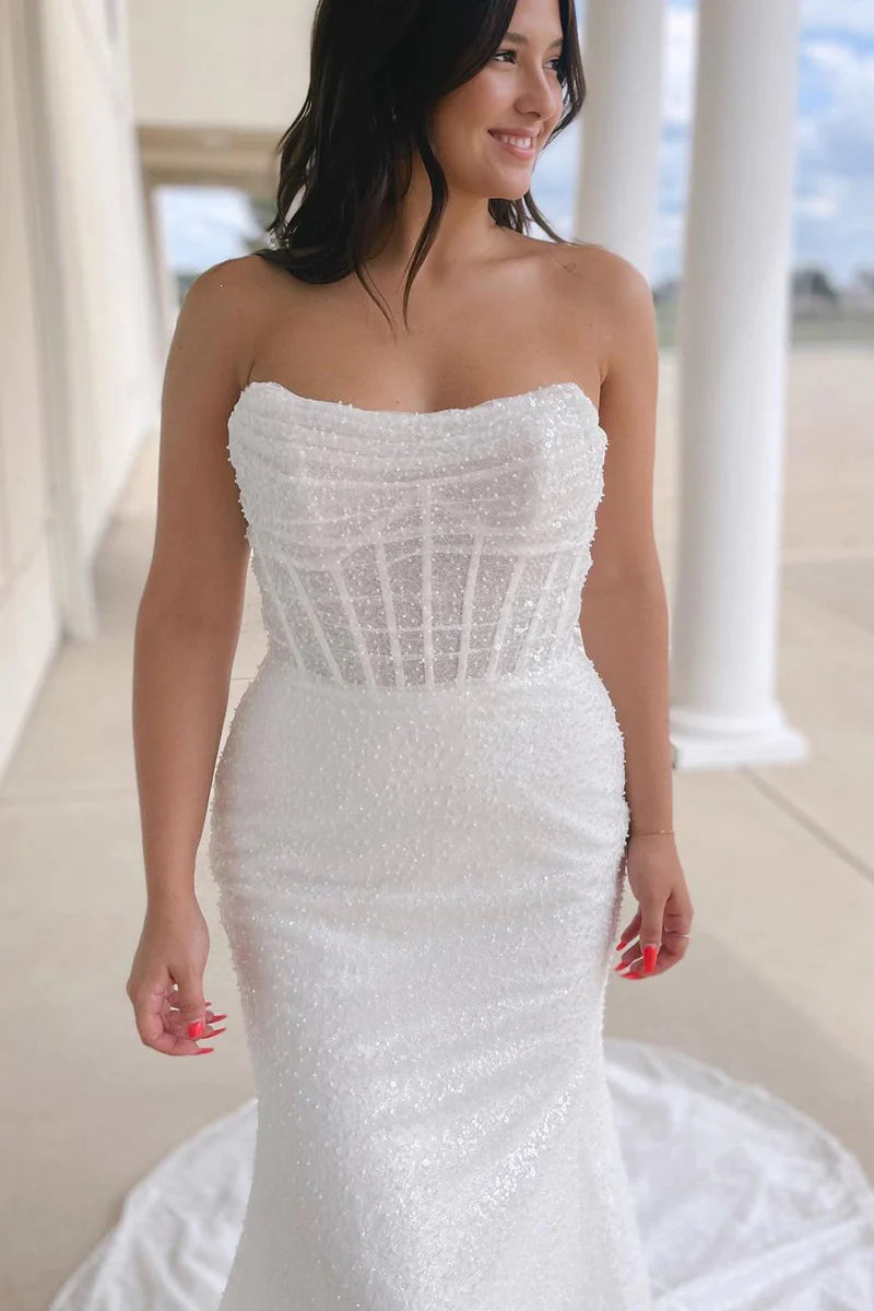 Sparkly Mermaid Strapless White Sequins Wedding Dresses