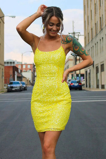 Yellow Scoop Neck Sequin Tight Short Homecoming Dresses