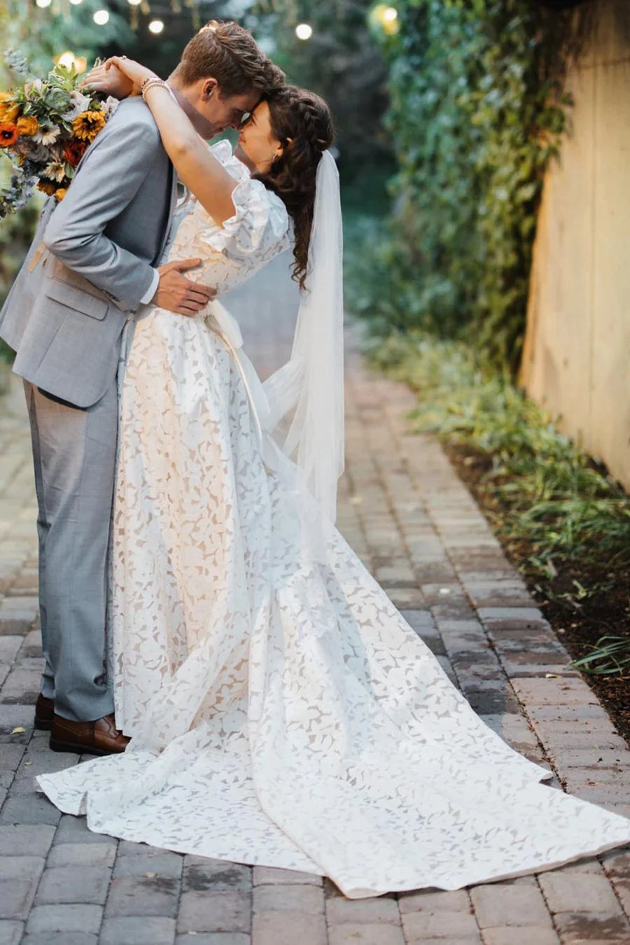 Ivory Lace Square Neck A-Line Long Wedding Dress with Puff Sleeves