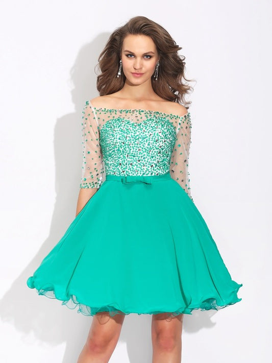 A-Line/Princess Off-the-Shoulder Beading 1/2 Sleeves Short Chiffon Dresses