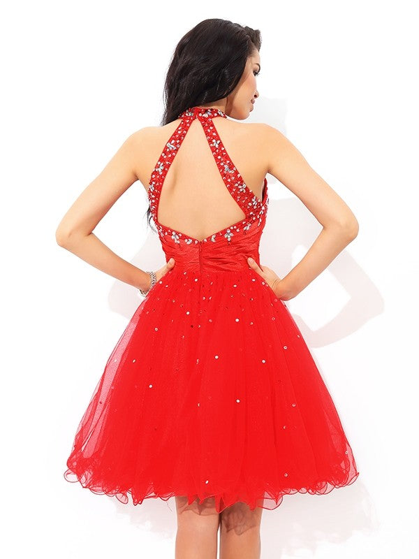 A-Line/Princess High Neck Beading Sleeveless Short Net Cocktail Dresses