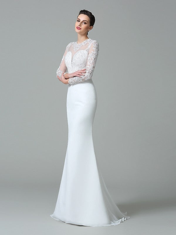 Trumpet/Mermaid Jewel Lace Long Sleeves Long Chiffon Wedding Dresses