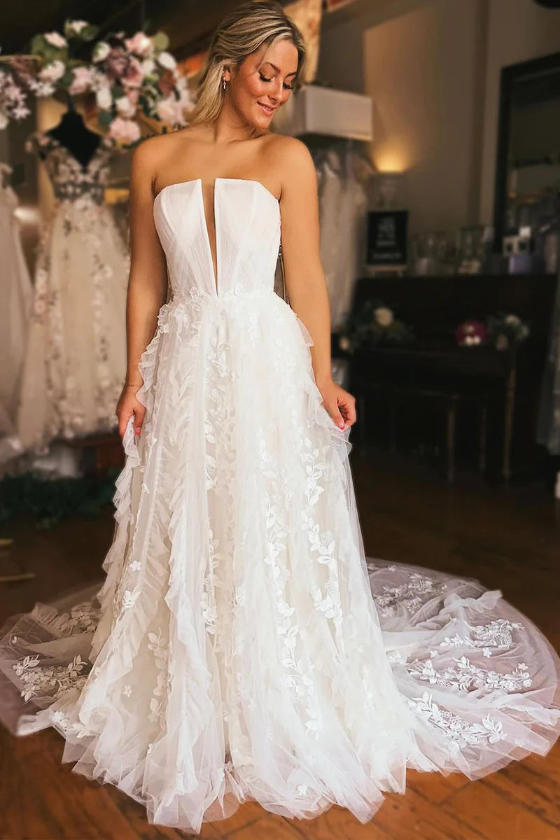 A-Line Off the Shoulder White Tulle Wedding Dresses with Appliques