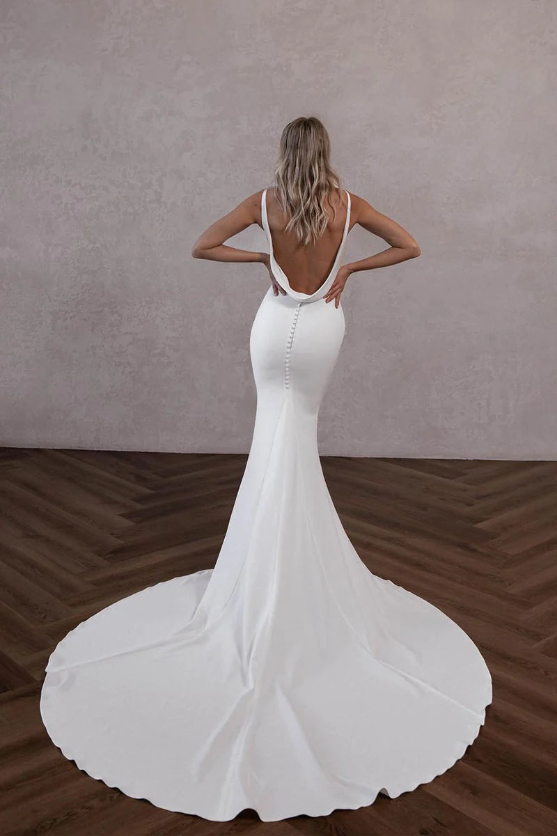 Simple Mermaid V Neck Backless White Satin Wedding Dresses