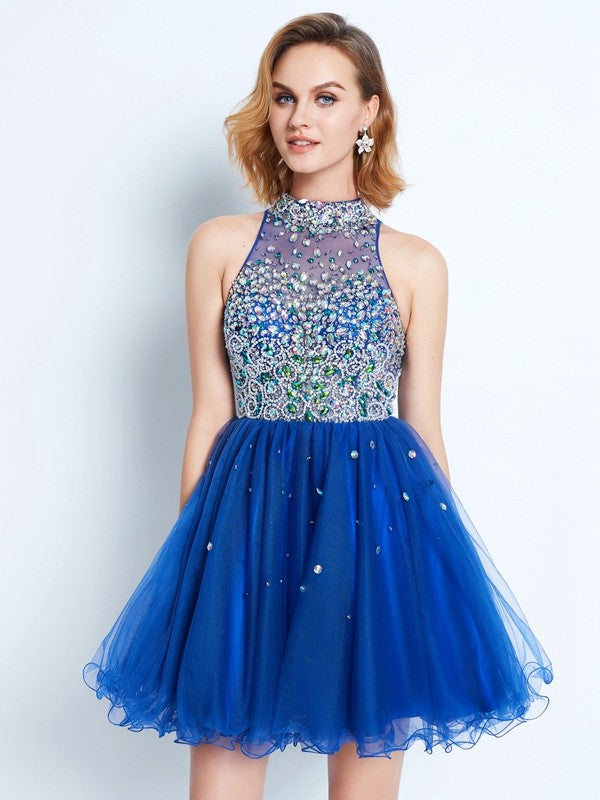 A-Line/Princess High Neck Sleeveless Beading Short/Mini Net Two Piece Dresses