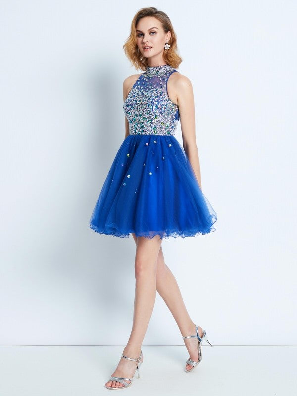 A-Line/Princess High Neck Sleeveless Beading Short/Mini Net Two Piece Dresses