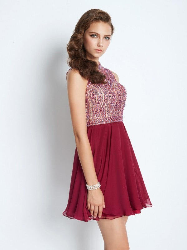 A-Line/Princess Jewel Sleeveless Chiffon Beading Short/Mini Dresses