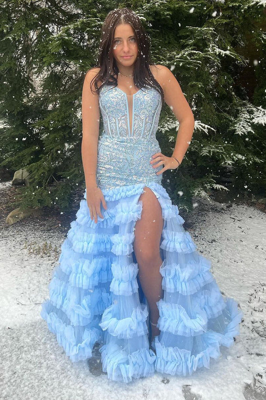 Light Blue Sweetheart Sequins Lace Prom Dresses with Slit