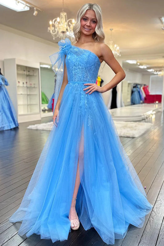 Light Blue One Shoulder Tulle Long Prom Dresses with Lace Appliques