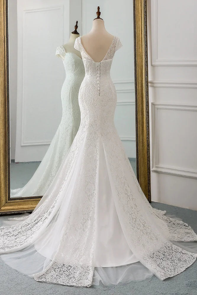 Sweetheart Lace Long Mermaid Wedding Gown Cap Sleeves