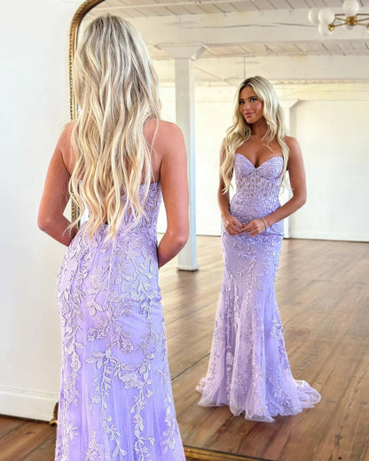 Charming Mermaid Sweetheart Lavender Prom Dresses with Appliques