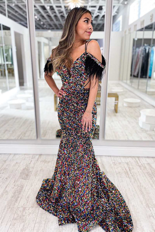 Iridescent Sequin Feather Cold-Shoulder Cutout Mermaid Long Dress