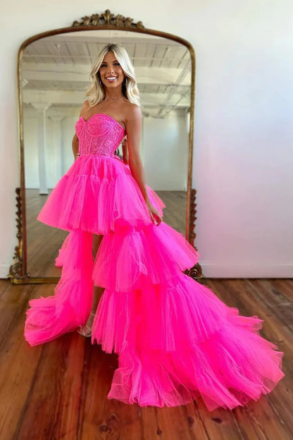 Cute A Line Sleeveless Dress Sweetheart Hot Pink Tulle High Low Prom Dresses