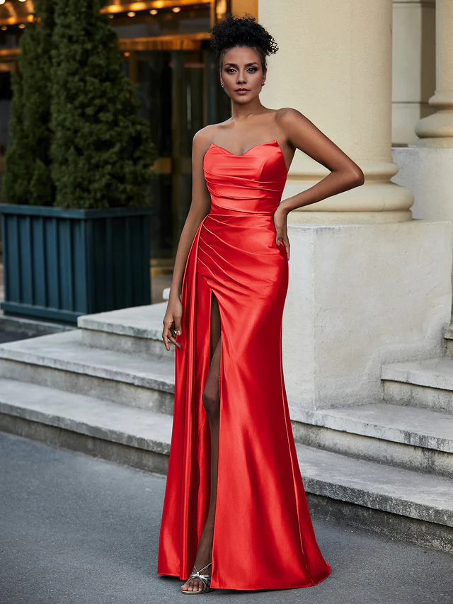 Sweetheart Stretch Satin Sweep Prom Dresses QIAIWAN Dresses