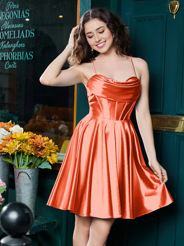 Narrow shoulder strap stretch satin homecoming dress - QIAIWAN Dress