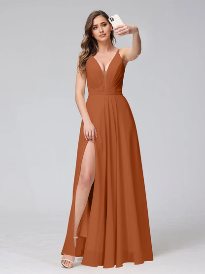 QIAIWAN Dress's charming V-neck sleeveless chiffon bridesmaid dress