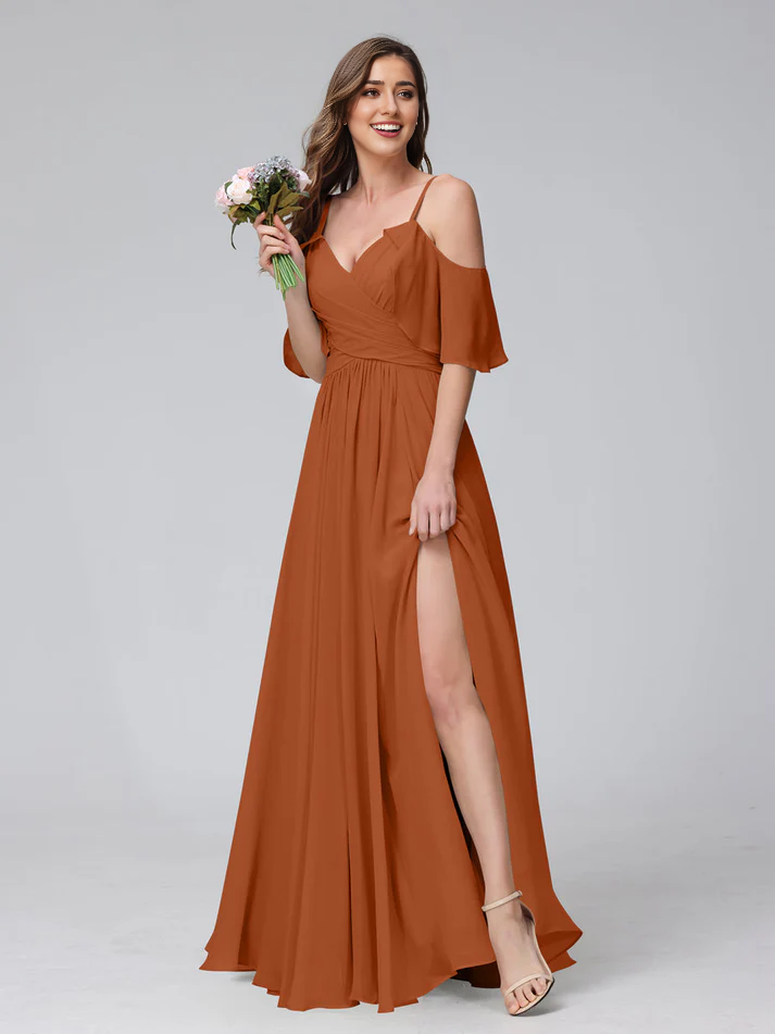 QIAIWAN Dress Chiffon V-neck A-line Split Bridesmaid Dress