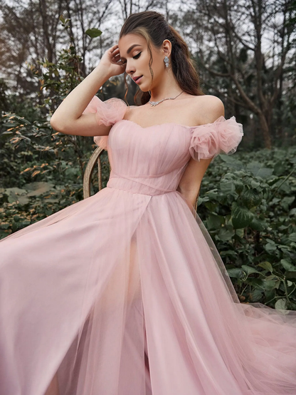 Elegant off shoulder sleeveless backless chiffon ball gown