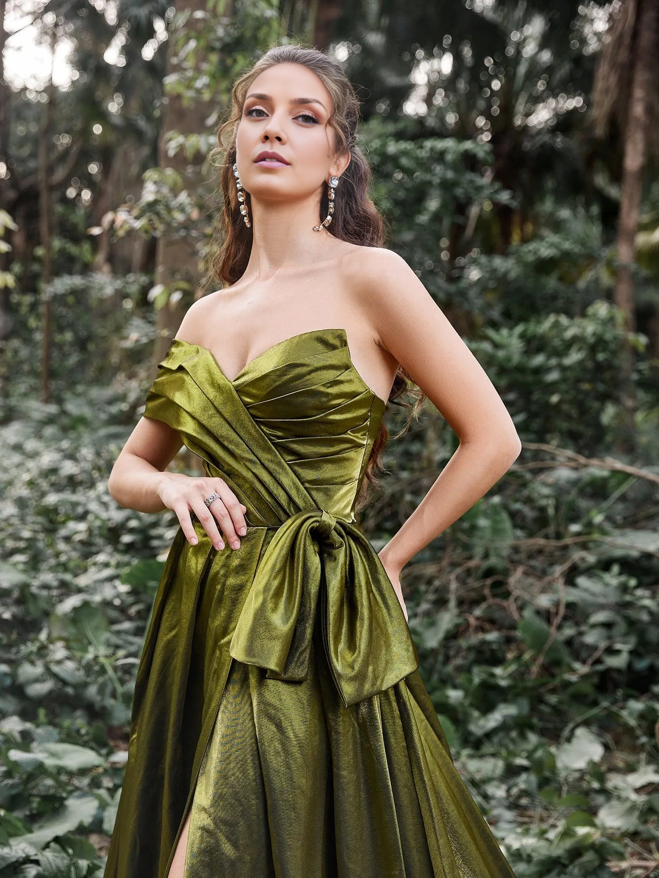 Gorgeous wrinkled tight off shoulder slit satin ballroom dress