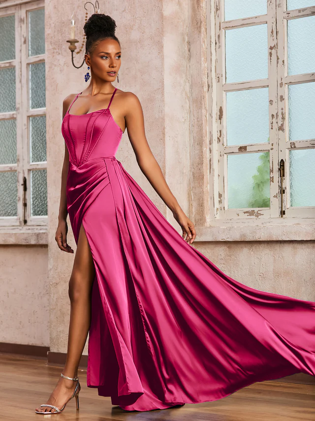 Spaghetti strap long skirt and ribbon Prom Dresses QIAIWAN Dress