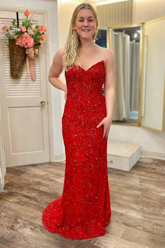 Red Strapless Sequin Lace Mermaid Long Prom Dresses