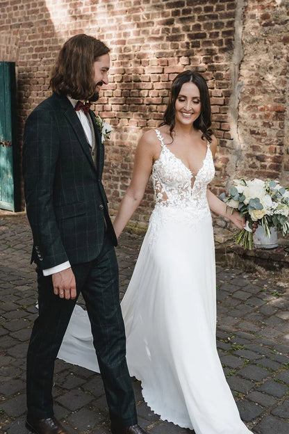 Boho A-Line V Neck Chiffon Wedding Dresses with Appliques