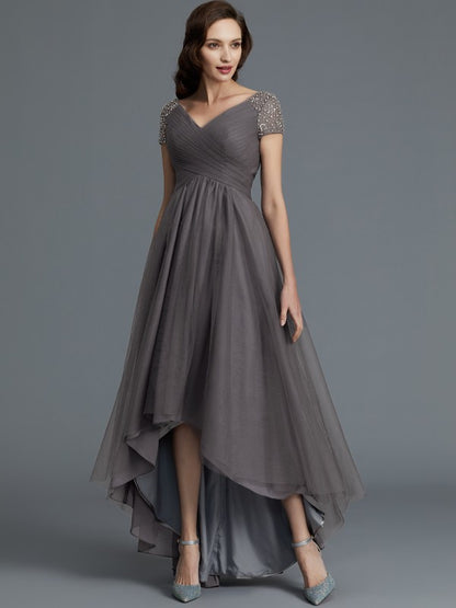 A-Line/Princess V-neck Short Sleeves Asymmetrical Tulle Mother of the Bride Dresses