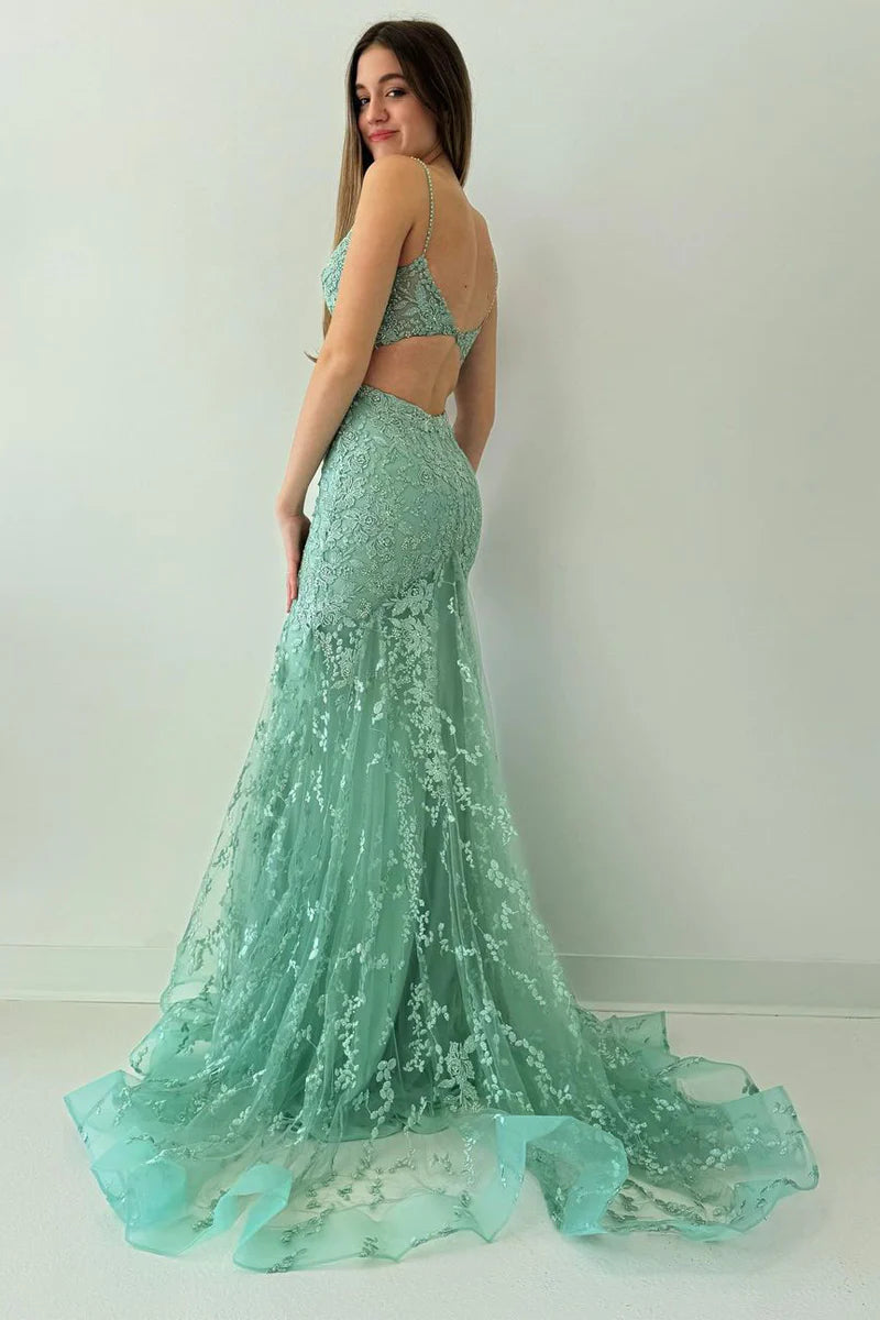 Green V Neck Lace Mermaid Long Prom Dresses