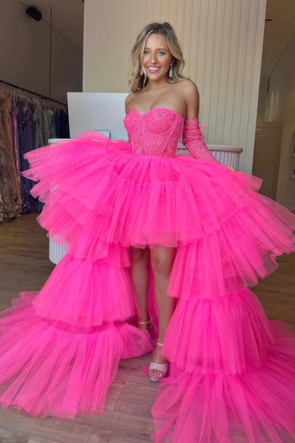 Hot Pink High Low Detachable Sleeves Corset Homecoming Dress with Lace