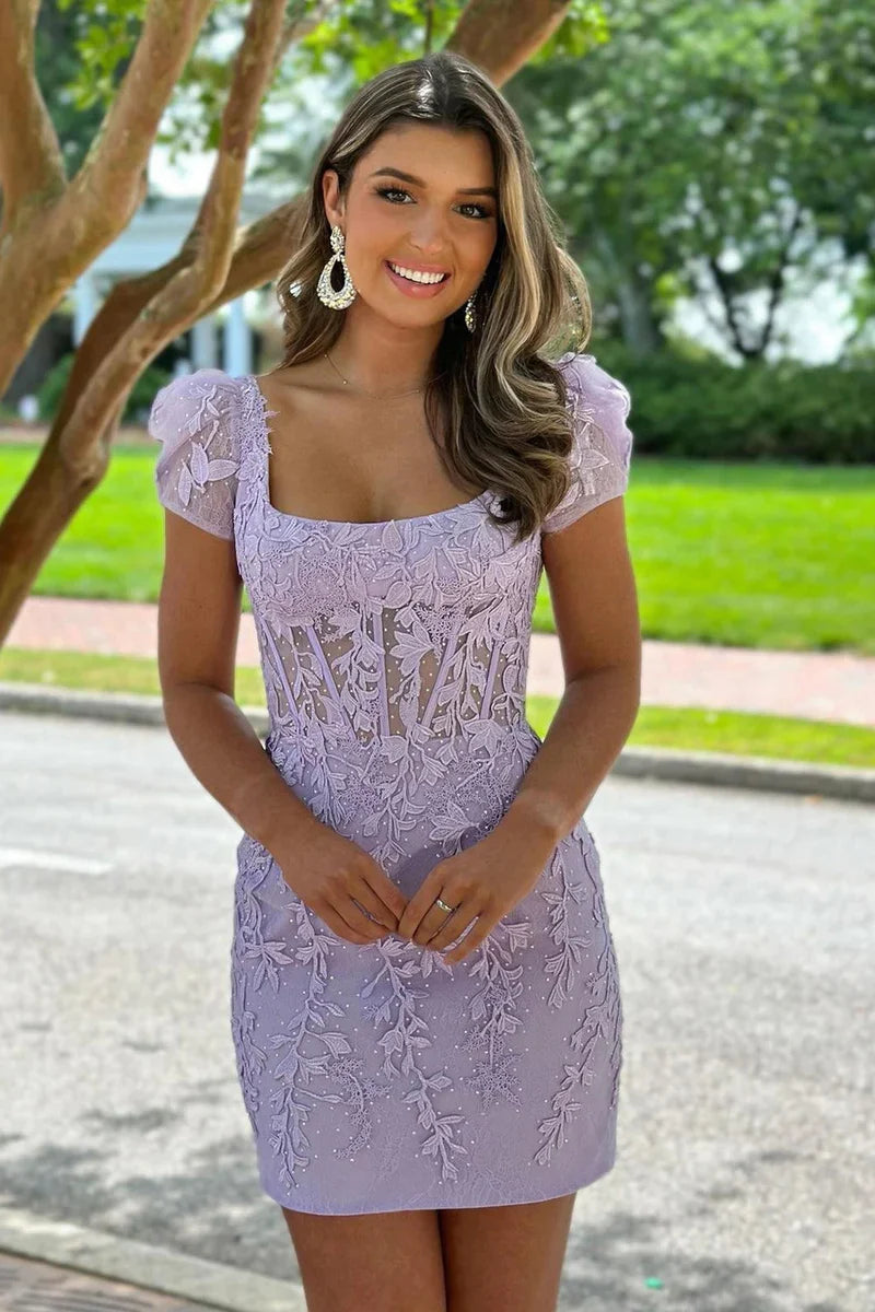 Pretty Square Neck Lavender Lace Appliques Homecoming Dresses with Short Sleeves