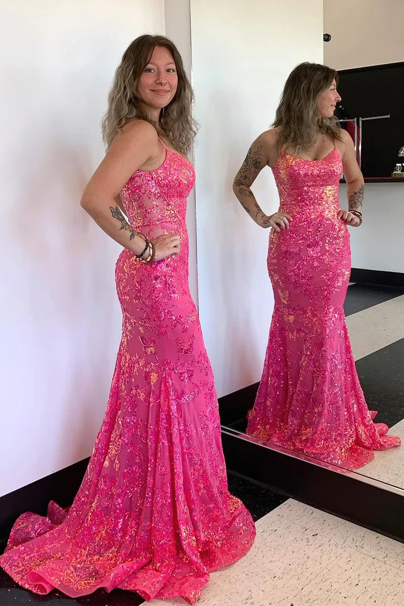 Fuchsia Scoop Neck Sequins Lace Mermaid Prom Dresses