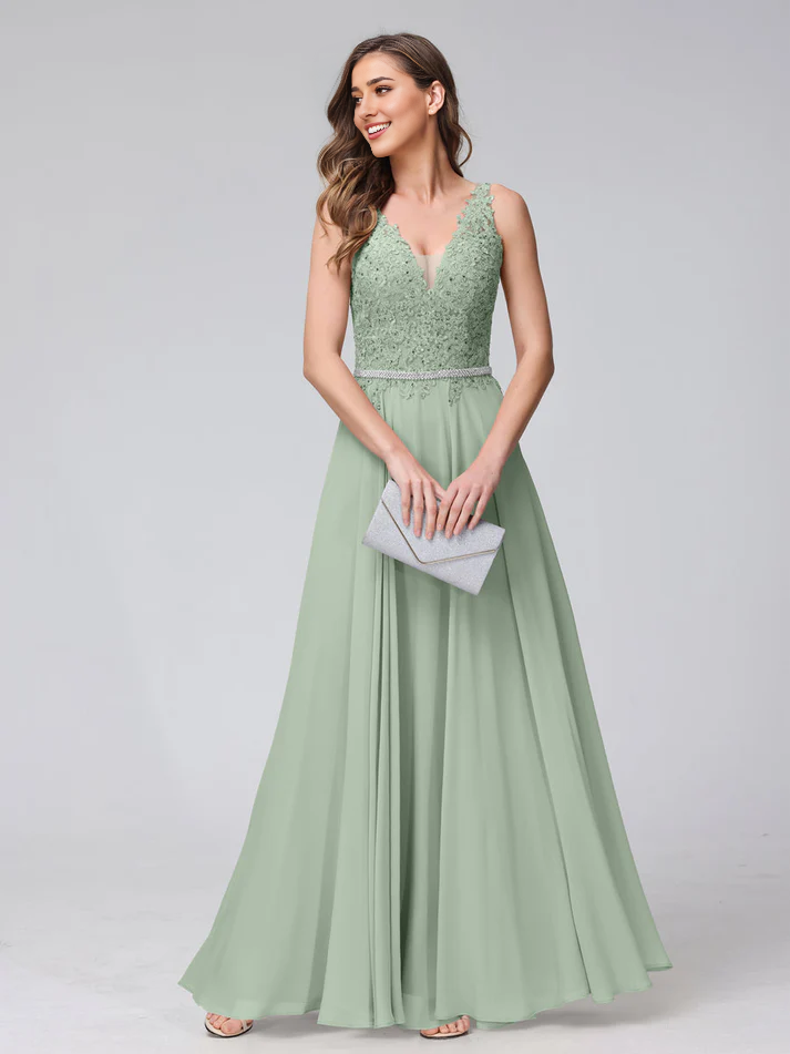 QIAIWAN Dress chiffon V-neck sleeveless lace applique bridesmaid dress