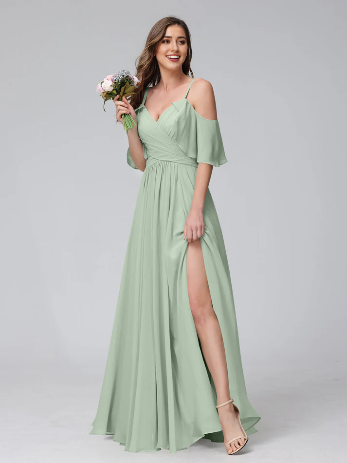 QIAIWAN Dress Chiffon V-neck A-line Split Bridesmaid Dress