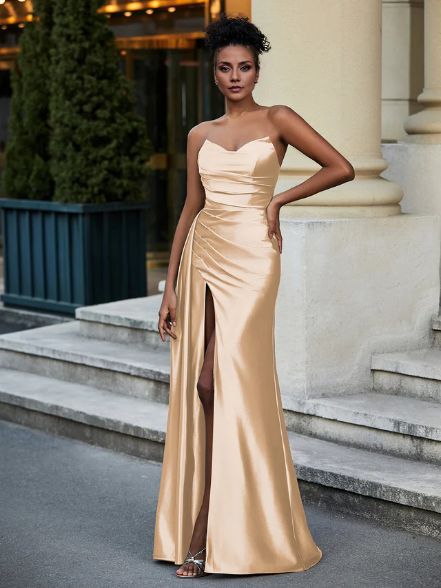 Sweetheart Stretch Satin Sweep Prom Dresses QIAIWAN Dresses