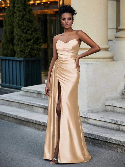 Sweetheart Stretch Satin Sweep Prom Dresses QIAIWAN Dresses