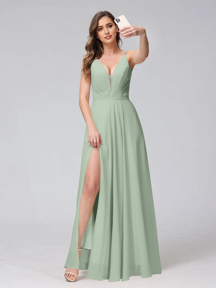 QIAIWAN Dress's charming V-neck sleeveless chiffon bridesmaid dress