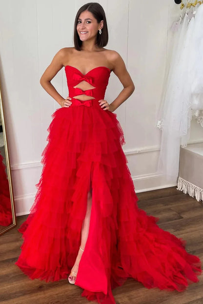 Red Strapless Ruffle Tiered Prom Gown with Keyholes