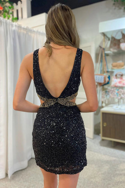 Black Sequin Beaded V-Neck Cutout Short Homecoming Dress