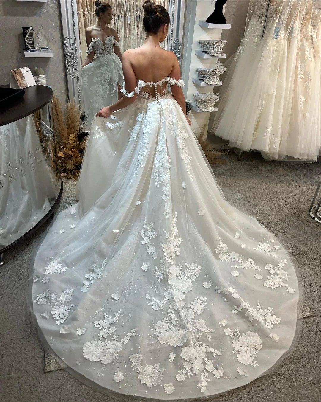 Cute A Line Off the Shoulder Tulle Long Wedding Dresses with Appliques