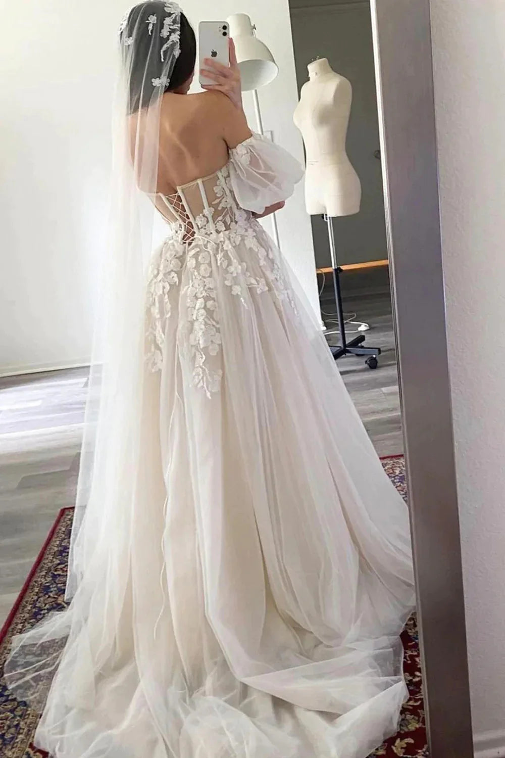 Princess A Line Off the Shoulder White Wedding Dress with Appliques