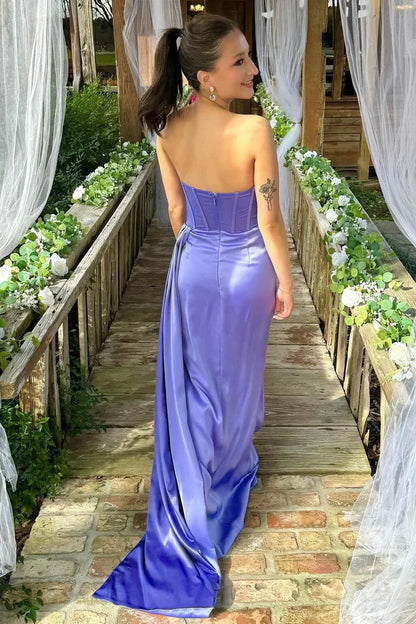 Periwinkle Strapless Pleated Prom Dress with Attached Train