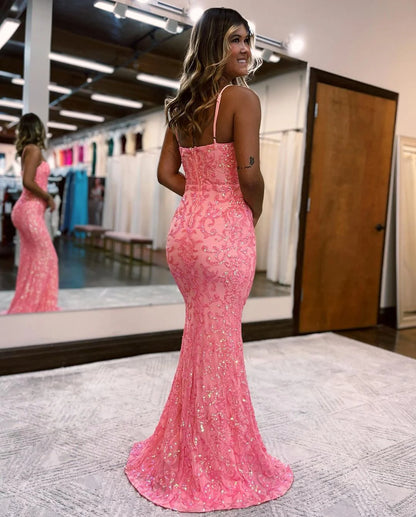 Charming Mermaid Straps Coral Sequins Lace Long Prom Dresses