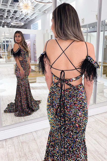 Iridescent Sequin Feather Cold-Shoulder Cutout Mermaid Long Dress