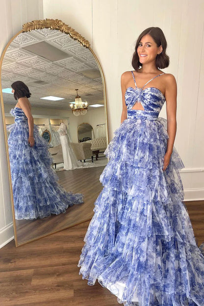 Blue Floral Printed Ruffle Tiered Long Prom Dresses